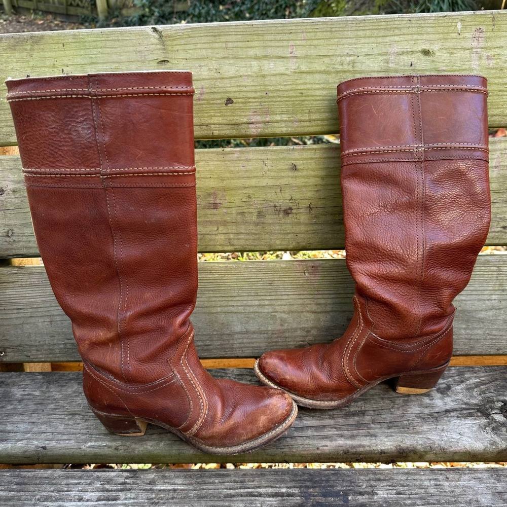 Frye Jane Stitch Riding Boots 77230 Redwood Brown Leather Knee High Tall Size 6B - Picture 6 of 9